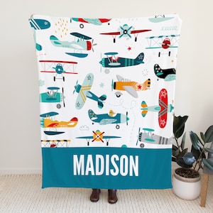 Personalized Airplane Blanket, Cute Custom Blanket with Planes, Custom Baby Name Blanket, Birthday Gift Blanket for Toddler, Plane Blanket