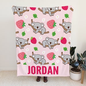Custom Koala Blanket for Kids, Cute Blanket with Koalas, Strawberry Blanket, Personalized Blanket for Toddlers, Custom Name Blanket for Girl
