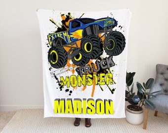 Gepersonaliseerde Monster Truck Blanket, Custom Blanket met Monster Trucks, Personal Truck Blanket, Custom Blanket met naam, Blanket Gift Idea