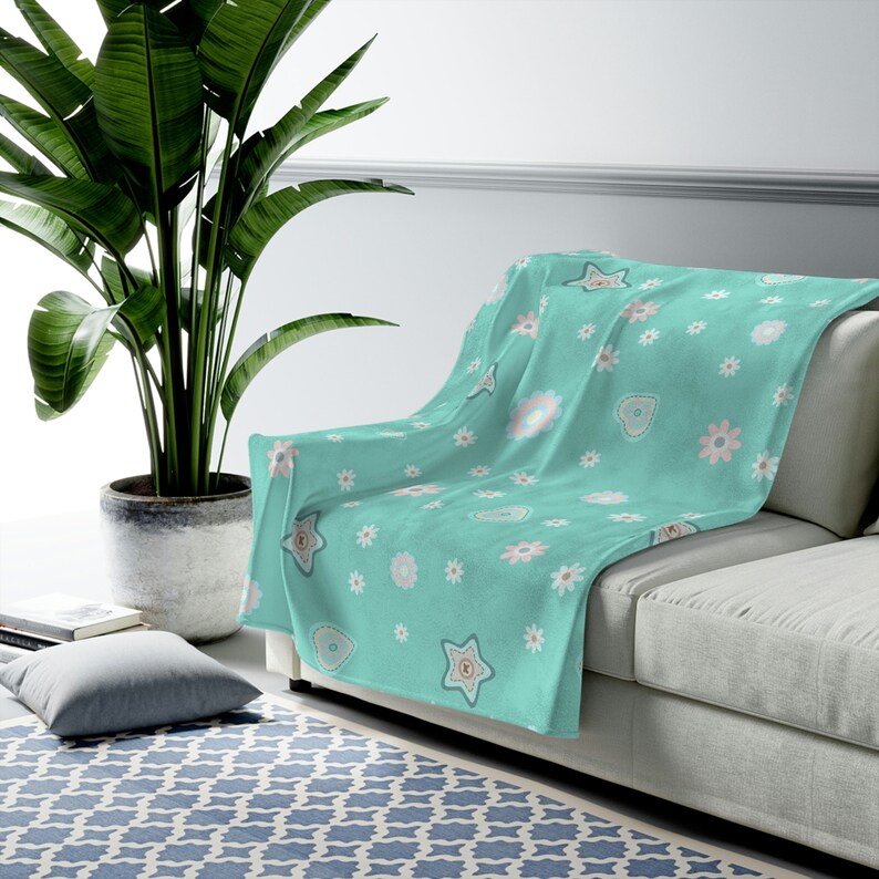 Personalized Blanket with Flowers, Cute Blanket for Toddlers, Flower Blanket for Kids, Turquoise Blanket Gift Idea, Custom Blanket Gift Idea image 5