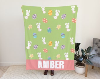 Cute Easter Blanket for Kids, Custom Blanket with Bunnies, Personalized Blanket for Easter, Gift Idea For Her, Blanket Gift Idea for Easter