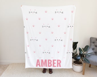 Custom Cat Blanket, Cute Personalized Blanket for Kids, Personal Name Blnaket for Toddlers, Blanket with Cat Design, Cute Cat Blanket