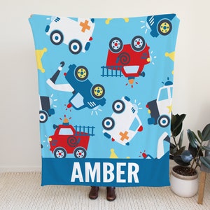Custom Blanket for Kids, Personalized Blanket with Name Option, Blanket with Vehicles, Trucks Blanket for Kids, Firefighter Blanket