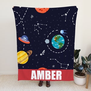 Blanket with Starts and Planets, Custom Blanket with Name Option, Personalized Space Blanket, Galaxy Blanket for Toddlers, Blanket Gift Idea