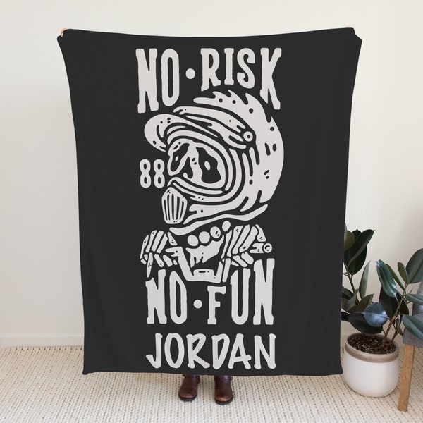 Custom Blanket No Risk No Fun, Motocross Blanket for Teenagers, Persoanlized Blanket with Skull, Customizable Blanket Gift Idea for Boys