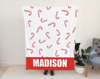 Christmas Candy Cane Blanket, Custom Xmas Blanket with Name Option, Blanket with Option for Christmas Holiday, Cute Xmas Gift for Kids