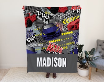 Manta de coche de carreras personalizada, ropa de cama de cuna de coche de carreras, guardería de coches de carreras, nombre de manta personalizable, manta personalizada con nombre personalizado