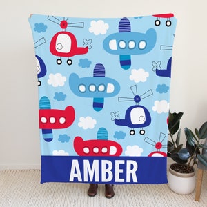 Personalized Airplane Blanket for Toddlers, Cute Custom Blanket with Helicopters, Custom Blanket with Name Option, Blue Banket for Kids