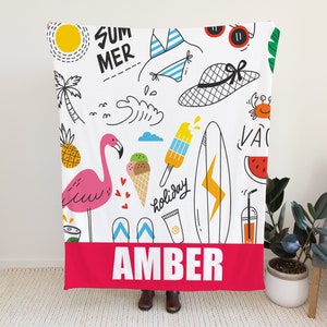 Personalisierte Decke für Kinder, Personalisierte Decke im Sommerdesign, Sommerdecke für Kleinkinder, Personalisierte Samtdecke mit individuellem Namen