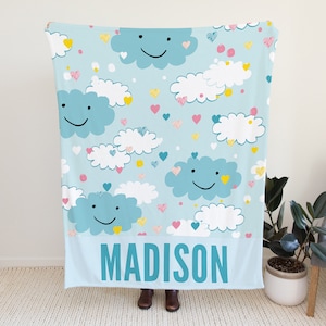 Cute Personalized Blanket, Custom Blanket with Clouds, Blue Blanket for Toddlers, Custom Blanket with Name, Cloud Blanket for Babys