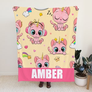Cute Blanket with Cat Design, Custom Blanket for Girls, Personalized Blanket with Name Option, Gift Idea for Girls, Custom Blanket with Name