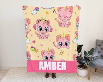 Cute Blanket with Cat Design, Custom Blanket for Girls, Personalized Blanket with Name Option, Gift Idea for Girls, Custom Blanket with Name