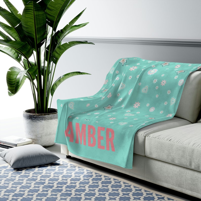 Personalized Blanket with Flowers, Cute Blanket for Toddlers, Flower Blanket for Kids, Turquoise Blanket Gift Idea, Custom Blanket Gift Idea image 2