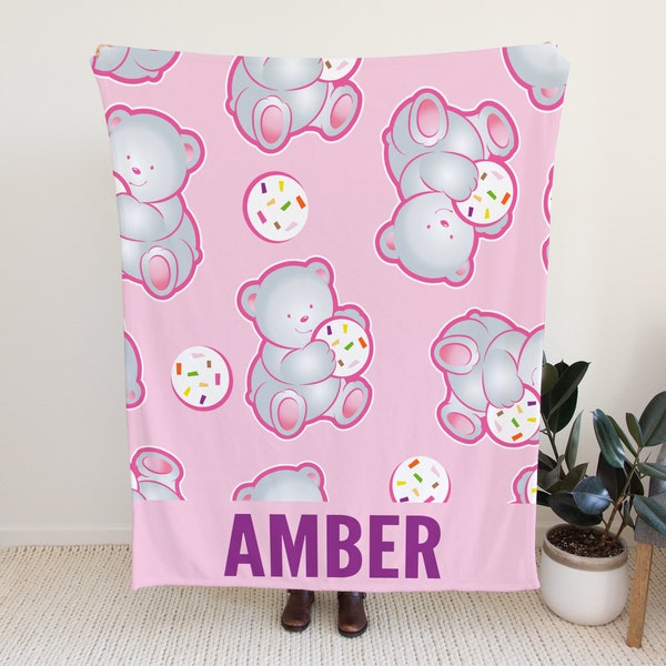 Custom Blanket with Teddy Bears, Teddy Bear Blanket for Toddlers, Cute Pink Blanket for Kids, Baby Shower Gift, Personalized Blanket Bear