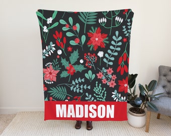 Poinsettia Christmas Design Blanket, Cute Christmas Gift Idea for Children, Custom Xmas Blanket for Children, Personalized Xmas Blanket