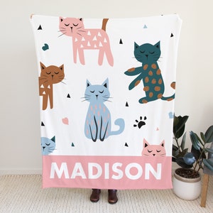 Personalized Cat Blanket, Custom Blanket with Cats, Kitten Blanket with Name Option, Name Blanket for Toddlers, Custom Cat Blanket For Kids