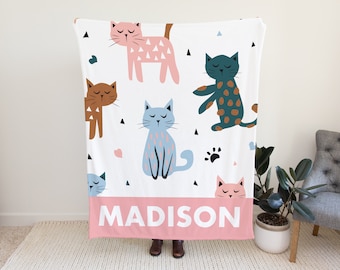 Personalized Cat Blanket, Custom Blanket with Cats, Kitten Blanket with Name Option, Name Blanket for Toddlers, Custom Cat Blanket For Kids