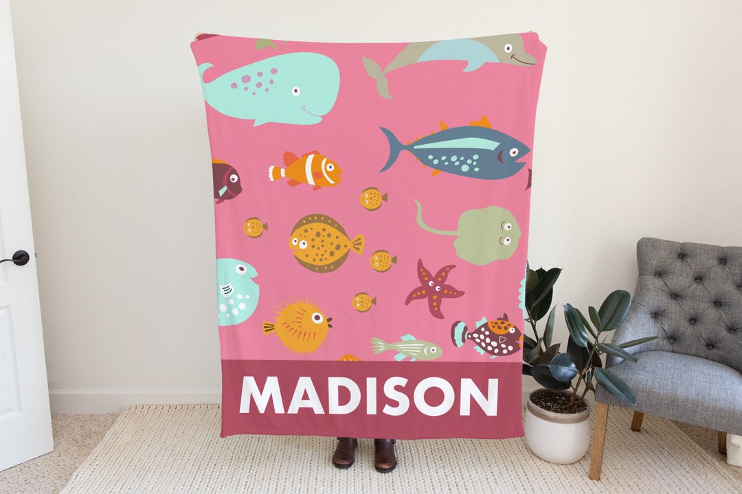 Personalized Ocean Animals Blanket, Custom Blanket With Fishes, Sea Animals Blanket With Name