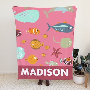 Personalized Ocean Animals Blanket, Custom Blanket with Fishes, Sea Animals Blanket with Name Option, Whales Baby Blanket, Cute Fish Blanket