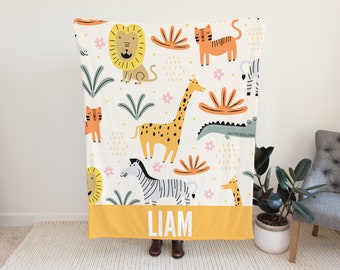 Personlig safarifilt, safarifilt för babypojke, filt med eget namn, filt med personligt djurmotiv för barn, babyshowerpresent