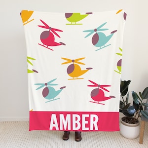 Custom Blanket with Name Option, Personalized Blanket with Helicopter Design, Blanket with Helicopters, Colorful Blanket for Toddlers