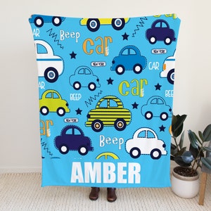 Custom Name Blanket for Toddlers, Cute Baby Blue Blanket with Car Design, Personalized Blanket with Name Option, Blue Blanket with Cars