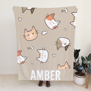 Custom Cat Blanket for Kids, Personalized Blanket with Cat Design, Custom Blanket with Name Option, Brown Blanket with Cats, Blanket for Kid