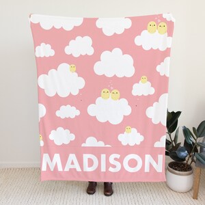 Cute Custom Blanket with Clouds, Cloud Blanket for Girls, Customizable Blanket in Pink, Personalized Blanket with Name, Blanket Gift Idea