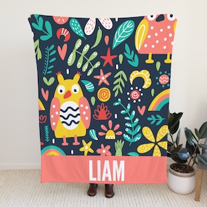 Personalized Baby Blanket , Owl Blanket for Toddlers, Custom Name Blanket with Owls, Colorful Blanket with Animals, Custom Animal Blanket