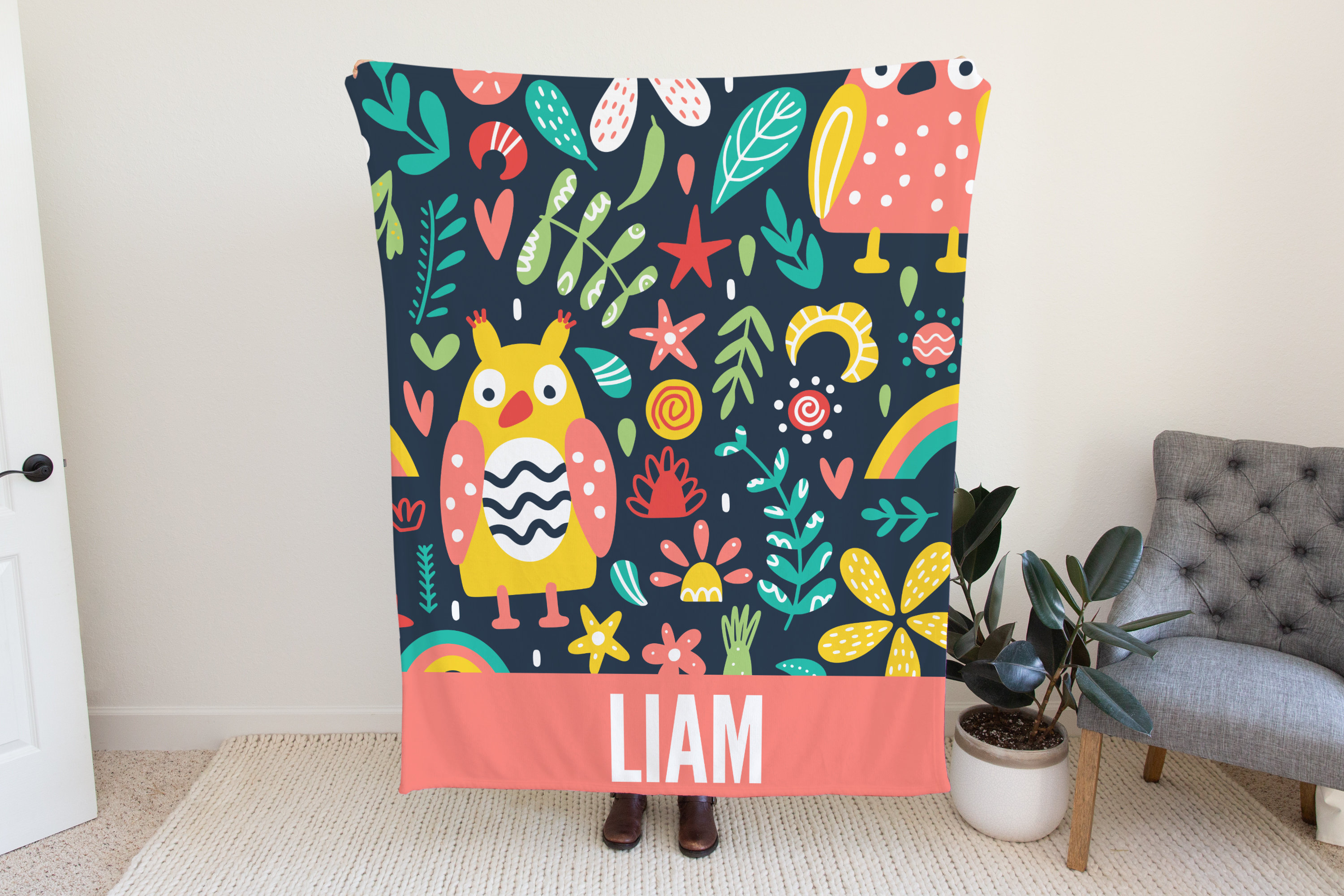 Personalized Baby Blanket , Owl Blanket for Toddlers, Custom Name Blanket with Owls, Colorful Blanke