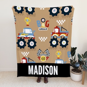Monster Trucks Blanket Kids, Custom Name Blanket with Cars , Custom Baby Name Blanket, Birthday Gift Idea, Customizable Blanket for Kids