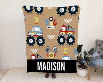 Monster Trucks Blanket Kids, Custom Name Blanket with Cars , Custom Baby Name Blanket, Birthday Gift Idea, Customizable Blanket for Kids