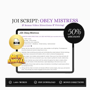 Op de afbeelding: Een roze en witte afbeelding met de tekst "JOI SCRIPT: OBEY MISTRESS & Bonus Video Directions & Pricing!" De afbeelding bevat ook een zwart-witte afbeelding van een PDF-document, een zwart-witte afbeelding van een vinkje en de tekst "50% DISCOUNT".