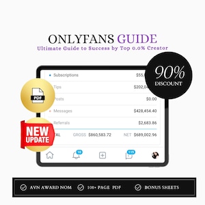 Könnte beinhalten: Ein Computerbildschirm zeigt einen Leitfaden für den Erfolg auf OnlyFans. Der Leitfaden enthält eine Aufschlüsselung der Einnahmen aus Abonnements, Trinkgeldern, Beiträgen, Nachrichten und Empfehlungen. Der Bildschirm zeigt auch ein Gesamteinkommen von 860.583,72 $ und ein Nettoeinkommen von 689.002,96 $ an. Der Leitfaden wird mit einem Rabatt von 90 % beworben.