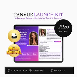 Peut inclure: Un kit de lancement Fanvue édition 2026 numérique affiché sur une tablette. Le document présente une mise en page violette et blanche avec du texte, le portrait d'une femme et un sommaire. Des icônes dorées indiquent PDF et New Arrival.