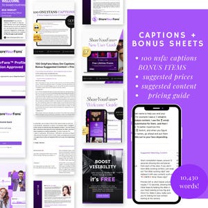 May include: A digital marketing resource collection for content creators featuring multiple document previews, guide covers, and a smartphone screen displaying text, all set against a purple background with white text detailing captions and bonus sheets.