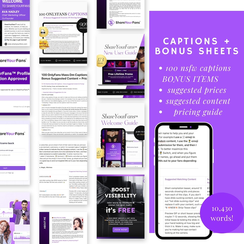 May include: A digital marketing resource collection for content creators featuring multiple document previews, guide covers, and a smartphone screen displaying text, all set against a purple background with white text detailing captions and bonus sheets.
