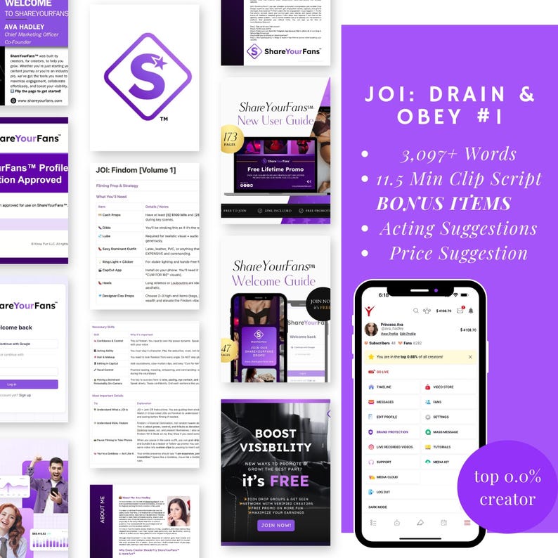 May include: A collage of images promoting a digital product called "JOI: Drain & Obey #1". The product includes a script, acting suggestions, and a price suggestion. The images feature a purple and white colour scheme with the text "ShareYourFans" and a logo of a stylized letter "S".