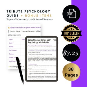 May include: A pink and purple digital download guide with the title "Spicy Creator Series Vol. 1 - Tribute Psychology Mini-Guide" and the text "Top Seller" in a gold starburst. The guide is priced at $3.25 and has 38 pages.