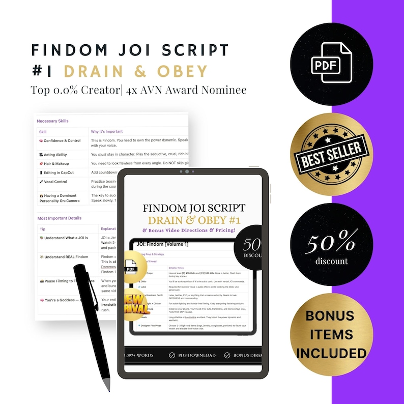 May include: A digital tablet displaying a pink and white document with the title "Findom Joi Script Drain & Obey #1" and a 50% discount offer. The document includes a list of skills and details for creating content. The tablet is surrounded by a purple background with a gold "Best Seller" badge and a black "PDF" badge.
