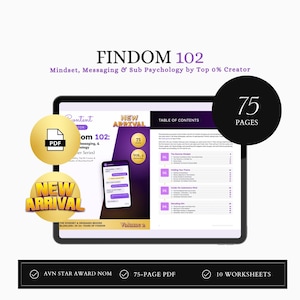 May include: A digital document titled FINDOM 102: Mindset, Messaging & Sub Psychology by Top 0% Creator. The display shows a table of contents, a mobile phone interface with chat messages, and gold circular badges labeled PDF, NEW ARRIVAL, and 75 PAGES.