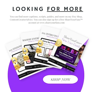 May include: Four digital e-book covers titled 105 Findom, Baddie Energy, 101: Intro to Findom, and ShareYourFans New User Guide. Each cover features a white background, black text, gold PDF and New Arrival badges, and a purple circular base.