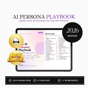 Könnte beinhalten: Das digitale Handbuch AI Persona Playbook 2026 Edition wird auf einem Tablet-Bildschirm angezeigt. Das Cover hat einen Farbverlauf mit Titel und Autorenname. Die Innenseite zeigt ein detailliertes Inhaltsverzeichnis und eine Arbeitsblattliste.