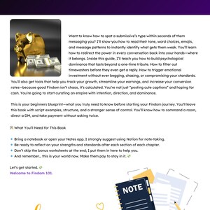 May include: A book cover with the title "Welcome to Findom 101" and a gold piggy bank sitting on top of stacks of money. The book cover also includes a notebook with the word "NOTE" written on it.