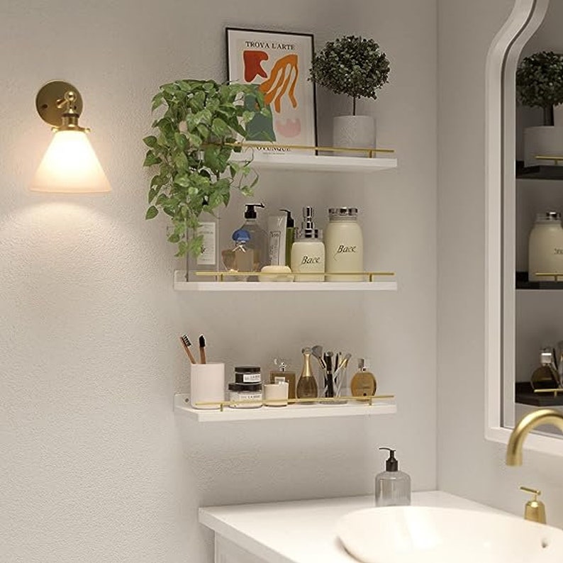 Floating Shelves With Gold Metal Guardrail Shelves for Wall Etsy