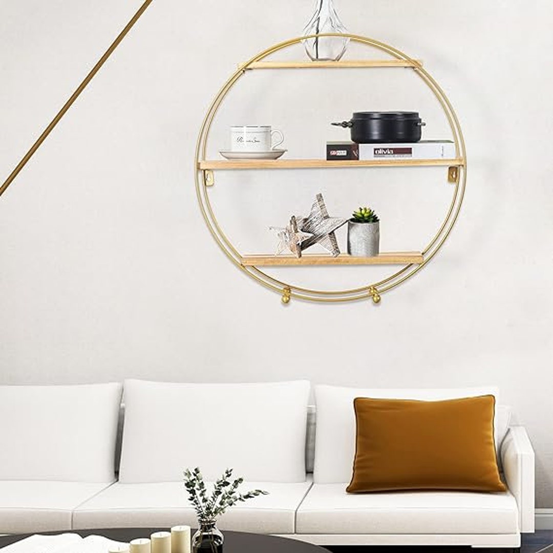 Round Floating Shelves Wall Mounted Shelf Sturdy Wood Golden Etsy