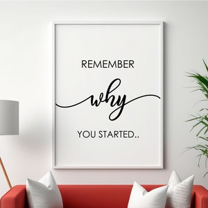 Lembre-se por que você começou, decoração de escritório em casa, citações inspiradoras, citações inspiradoras, arte de parede para impressão, impressões motivacionais