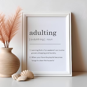 Adulting Definition, Funny Gift Idea, Home Decor, Typography Wall Art, Dictionary Print, Minimalist Poster, Definition Print