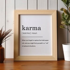 Karma Definition Wall Art, Zabawny wydruk do łazienki, Znak na papier toaletowy, Wystrój łazienki, Plakat na toaletę, Wydrukowana sztuka ścienna, Wydruki do pobrania
