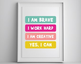 Affirmations for Kids, Affirmation Wall Art, Playroom Decor, Inspirational Nursery Decor, Colorful Wall Art, Kids Bedroom, Wall Decor